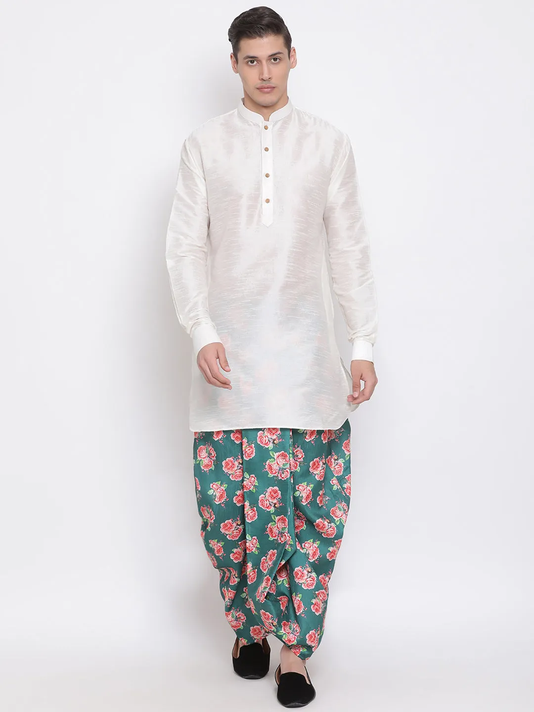 Men's Green Silk Blend Floral Printed Dhoti - Vastramay