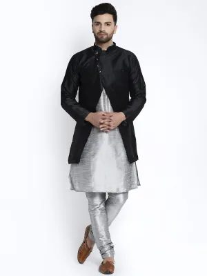 Men's Grey Kurta With Pyjama & Black Self Design Jacket - Benstoke