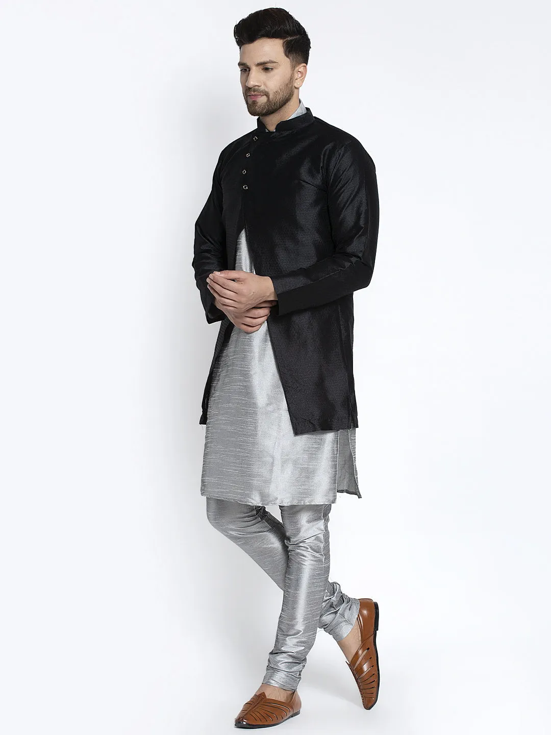 Men's Grey Kurta With Pyjama & Black Self Design Jacket - Benstoke