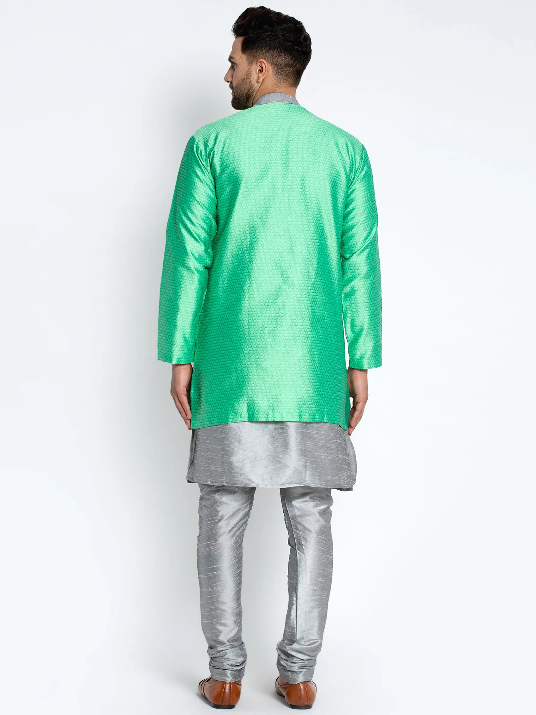 Men's Grey Kurta With Pyjama & Sea Green Self Design Jacket - Benstoke