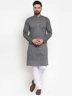 Men's Grey Printed Kurta with White Churidar ( JOKP 604 Grey ) - Virat Fashions