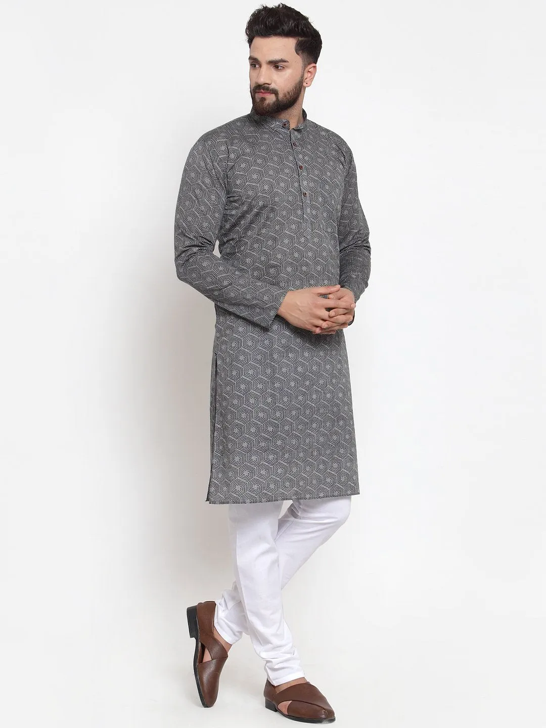 Men's Grey Printed Kurta with White Churidar ( JOKP 604 Grey ) - Virat Fashions