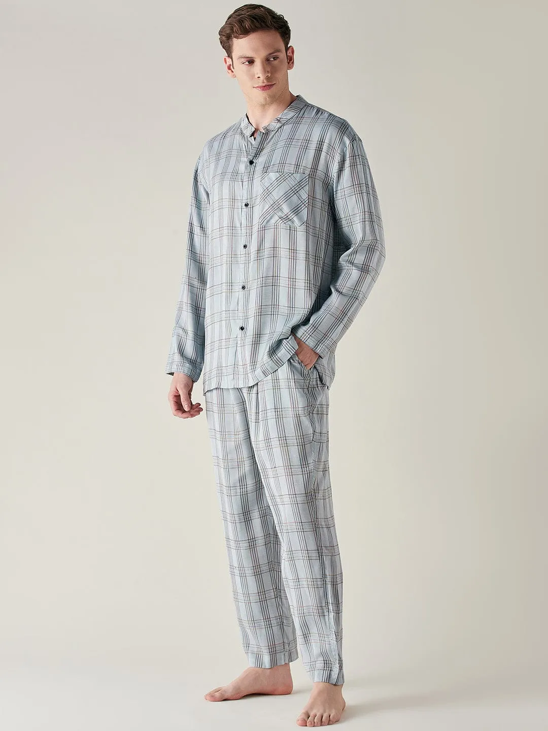 Mens Light Blue Pure Cotton Checks Pyjama Set