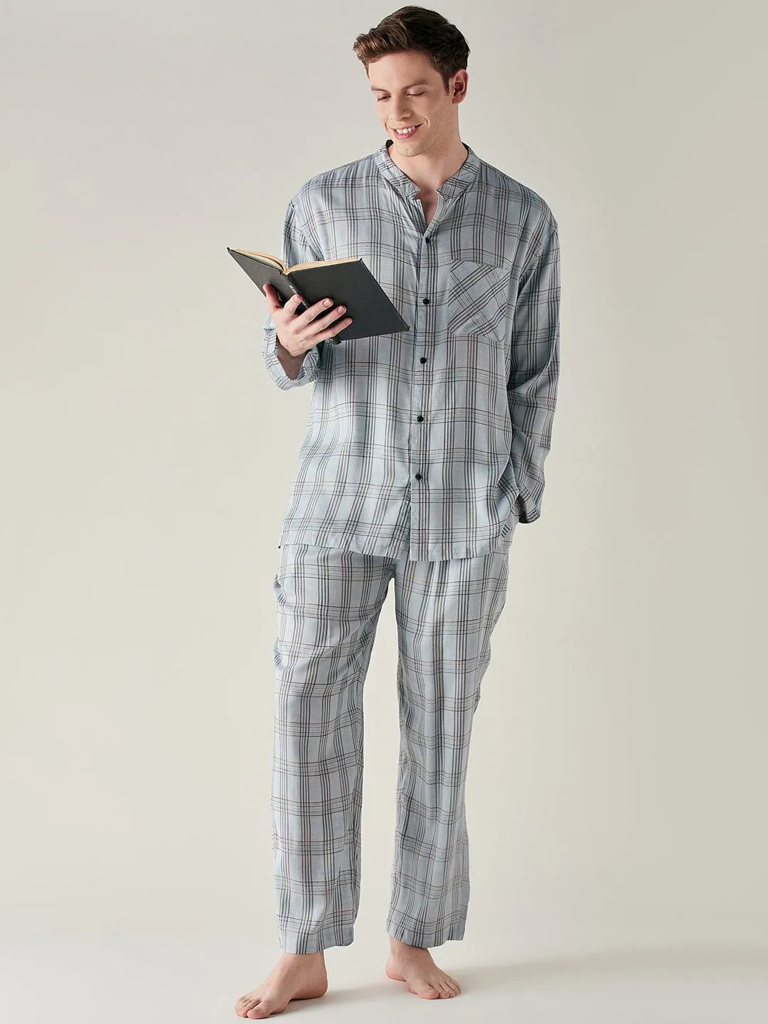 Mens Light Blue Pure Cotton Checks Pyjama Set