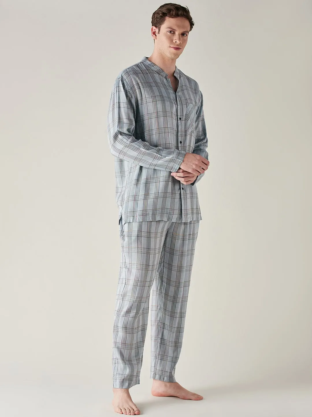 Mens Light Blue Pure Cotton Checks Pyjama Set