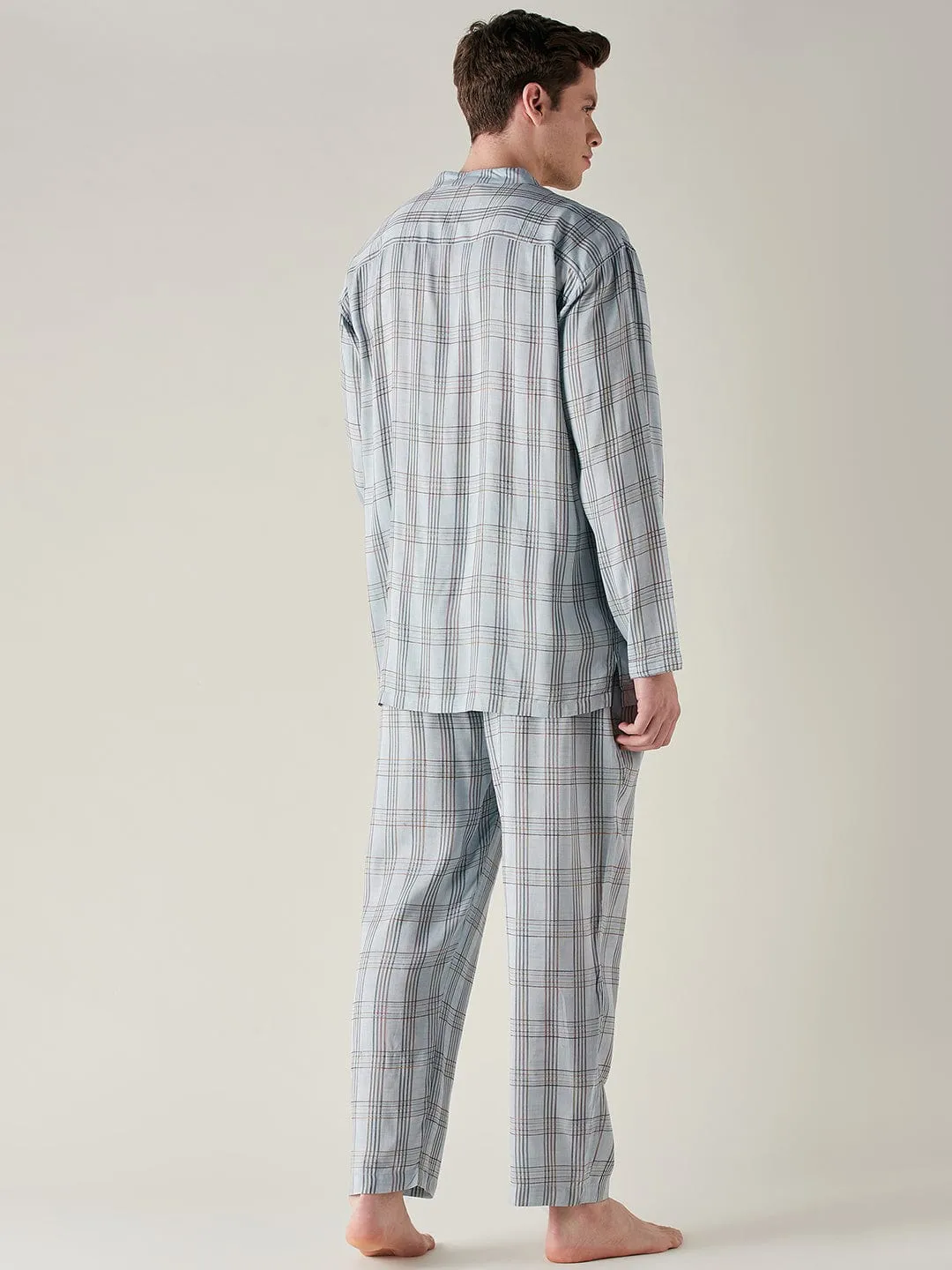 Mens Light Blue Pure Cotton Checks Pyjama Set