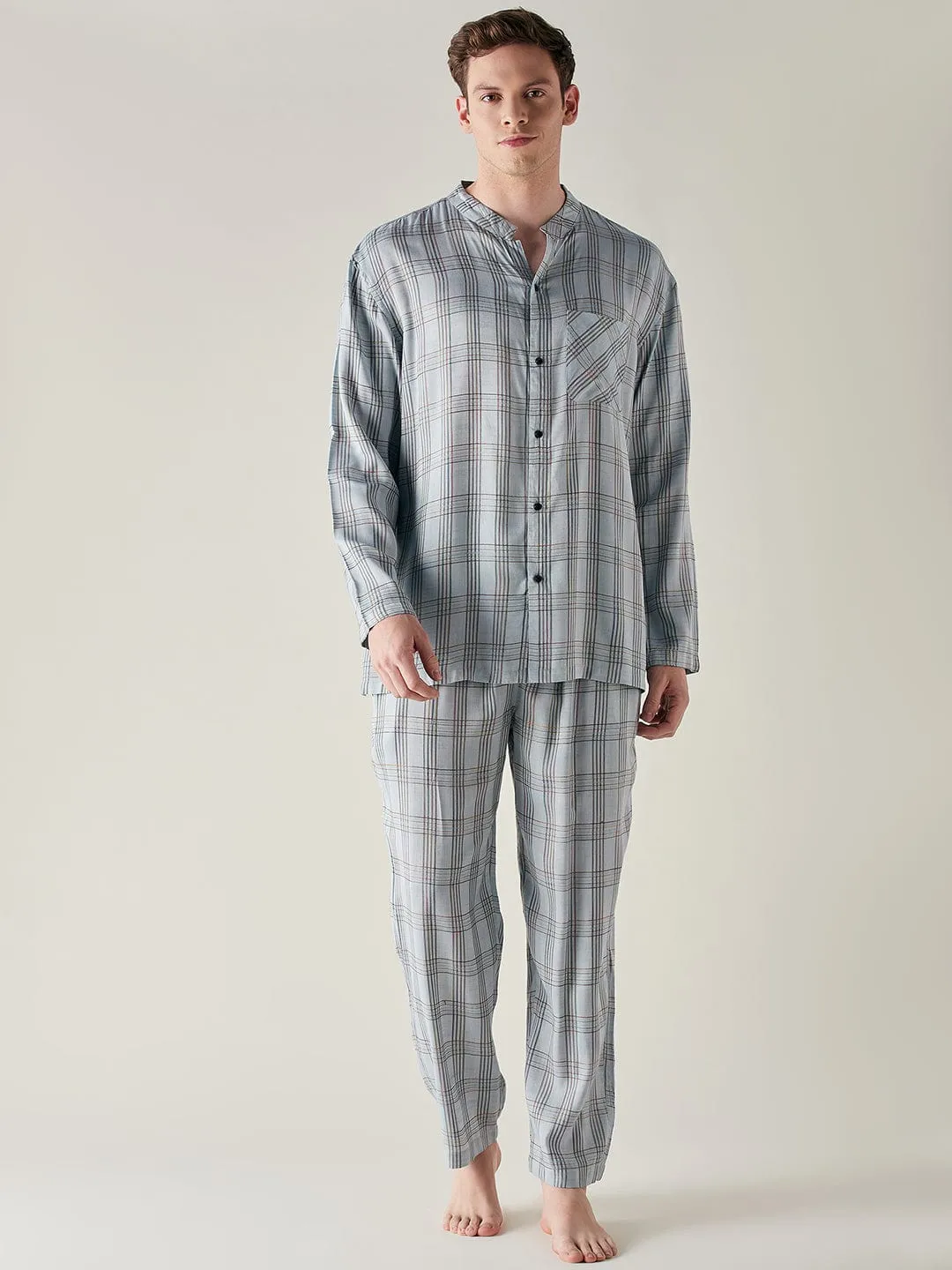 Mens Light Blue Pure Cotton Checks Pyjama Set