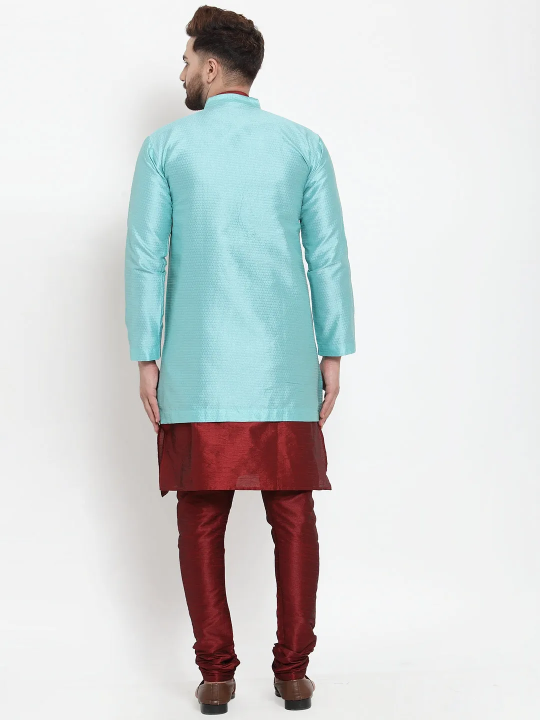 Men's Maroon Kurta With Pyjama & Sky Blue Self Design Jacket - Benstoke