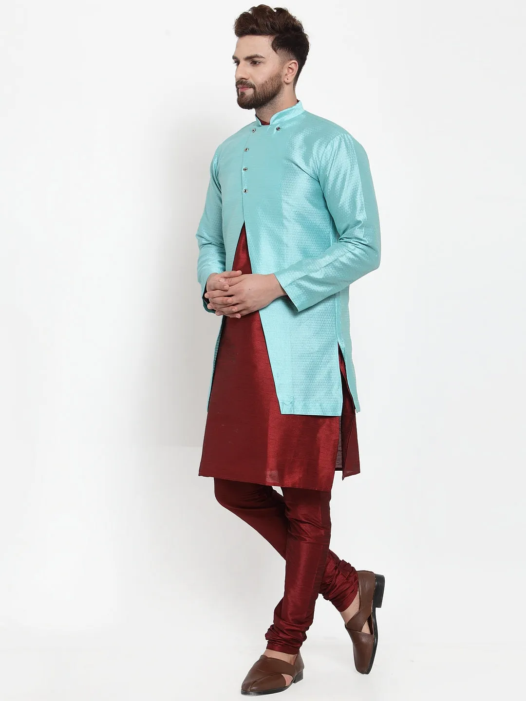 Men's Maroon Kurta With Pyjama & Sky Blue Self Design Jacket - Benstoke