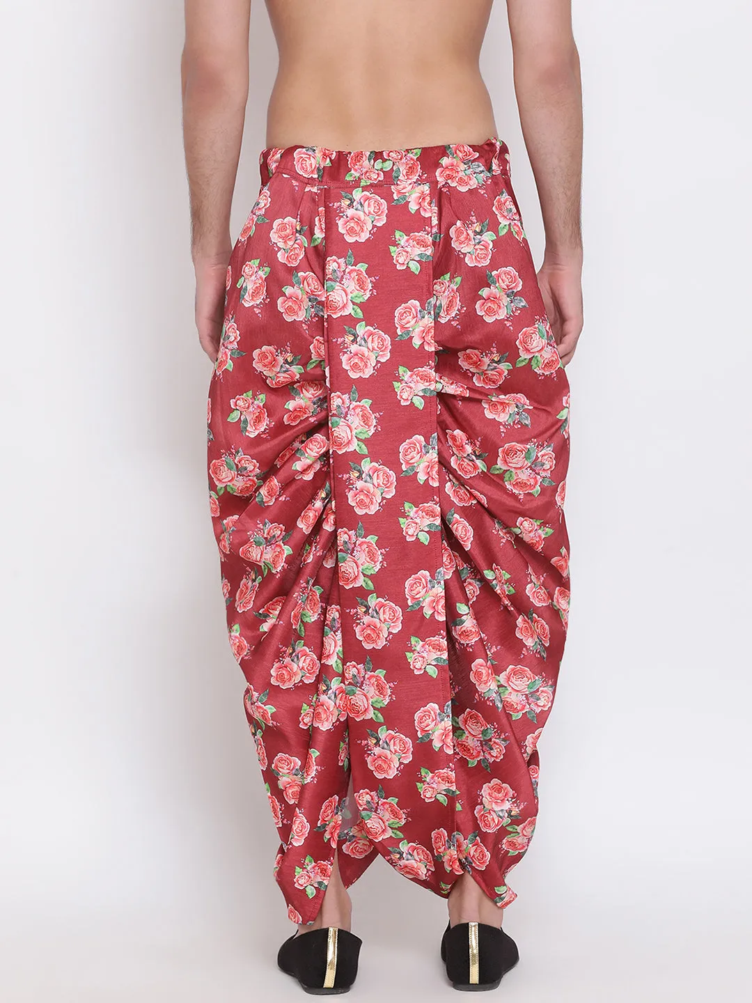 Men's Maroon Silk Blend Floral Printed Dhoti - Vastramay