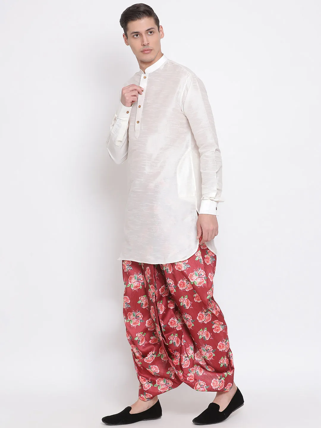 Men's Maroon Silk Blend Floral Printed Dhoti - Vastramay