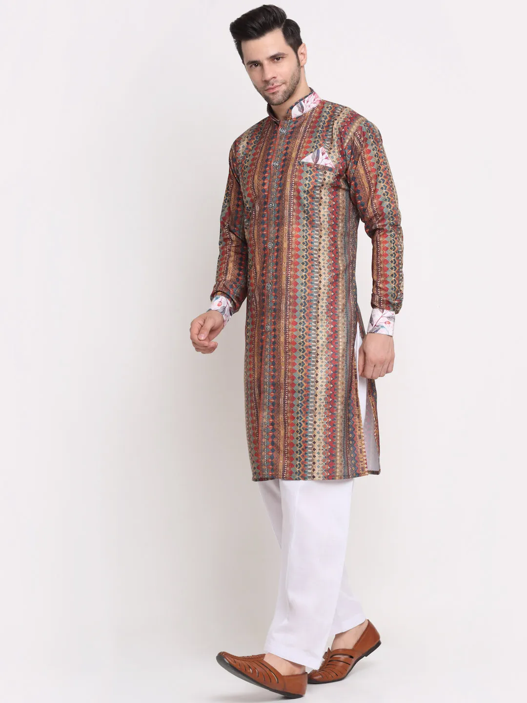 Men's Multi Printed Kurta With White Pyjamas Set - Benstoke