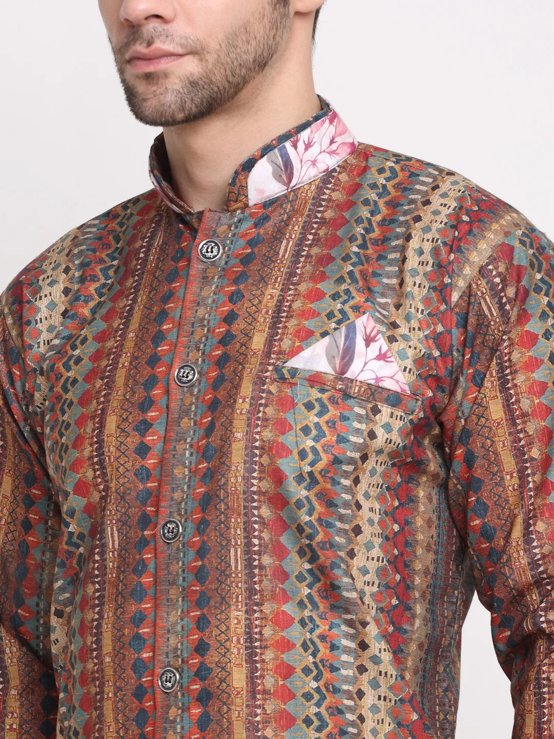 Men's Multi Printed Kurta With White Pyjamas Set - Benstoke