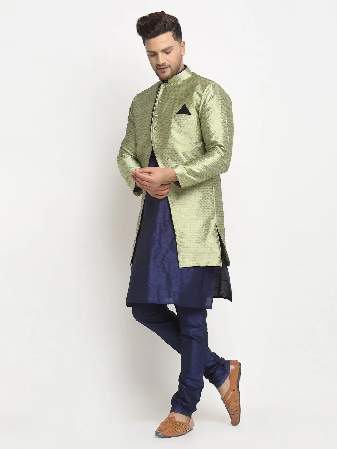 Men's Navy Blue Kurta With Pyjama & Beige Self Design Jacket - Benstoke