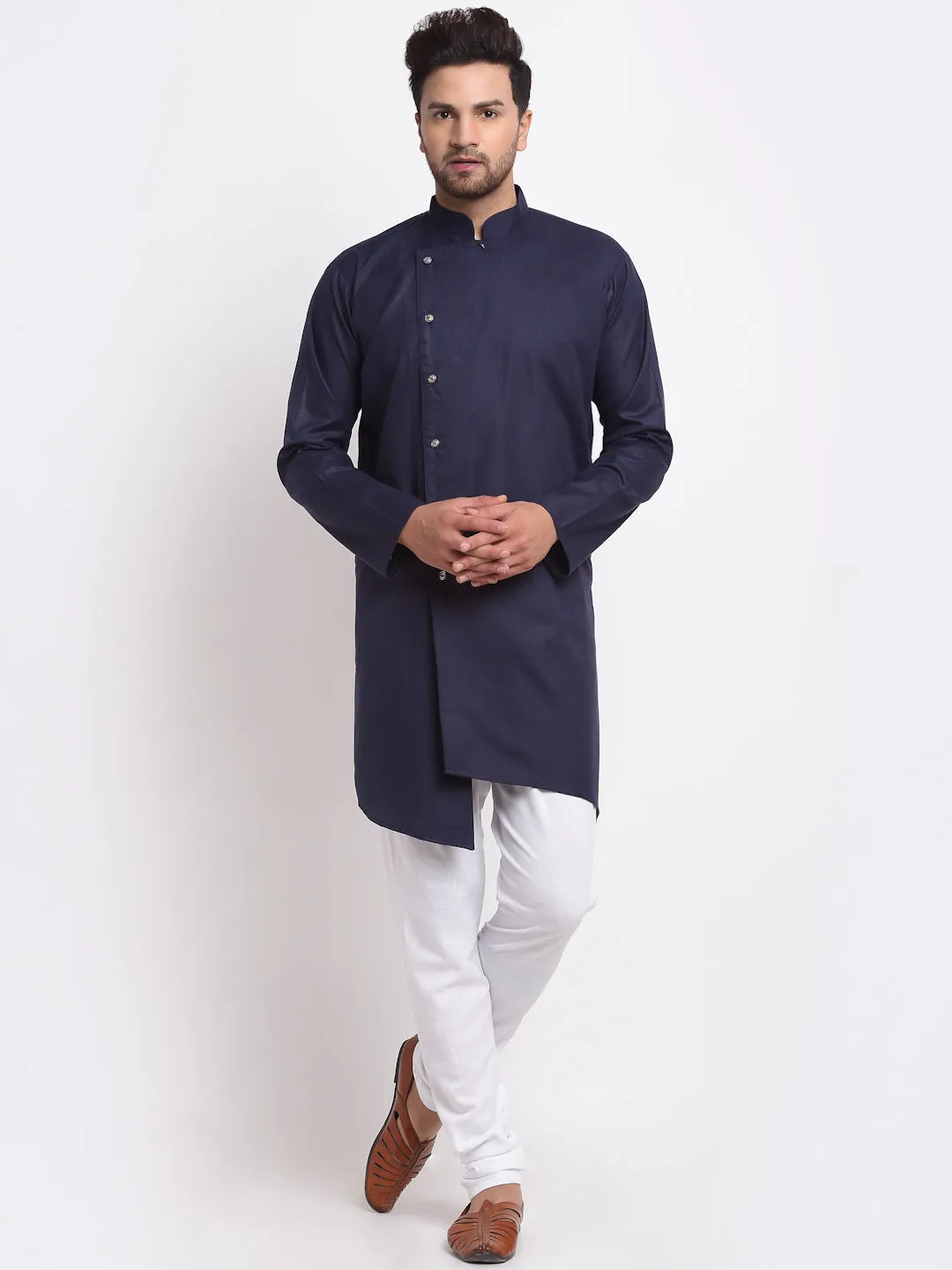 Men's Navy Blue Solid Angrakha Kurta With White Churidaar Pyjama - Benstoke