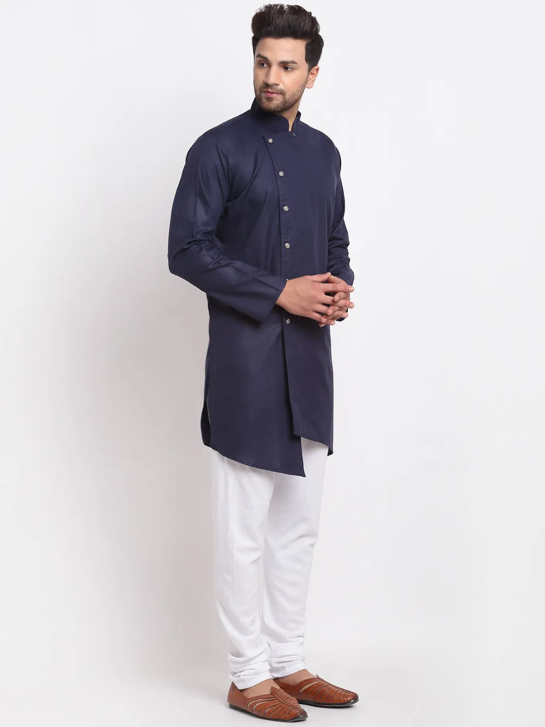 Men's Navy Blue Solid Angrakha Kurta With White Churidaar Pyjama - Benstoke