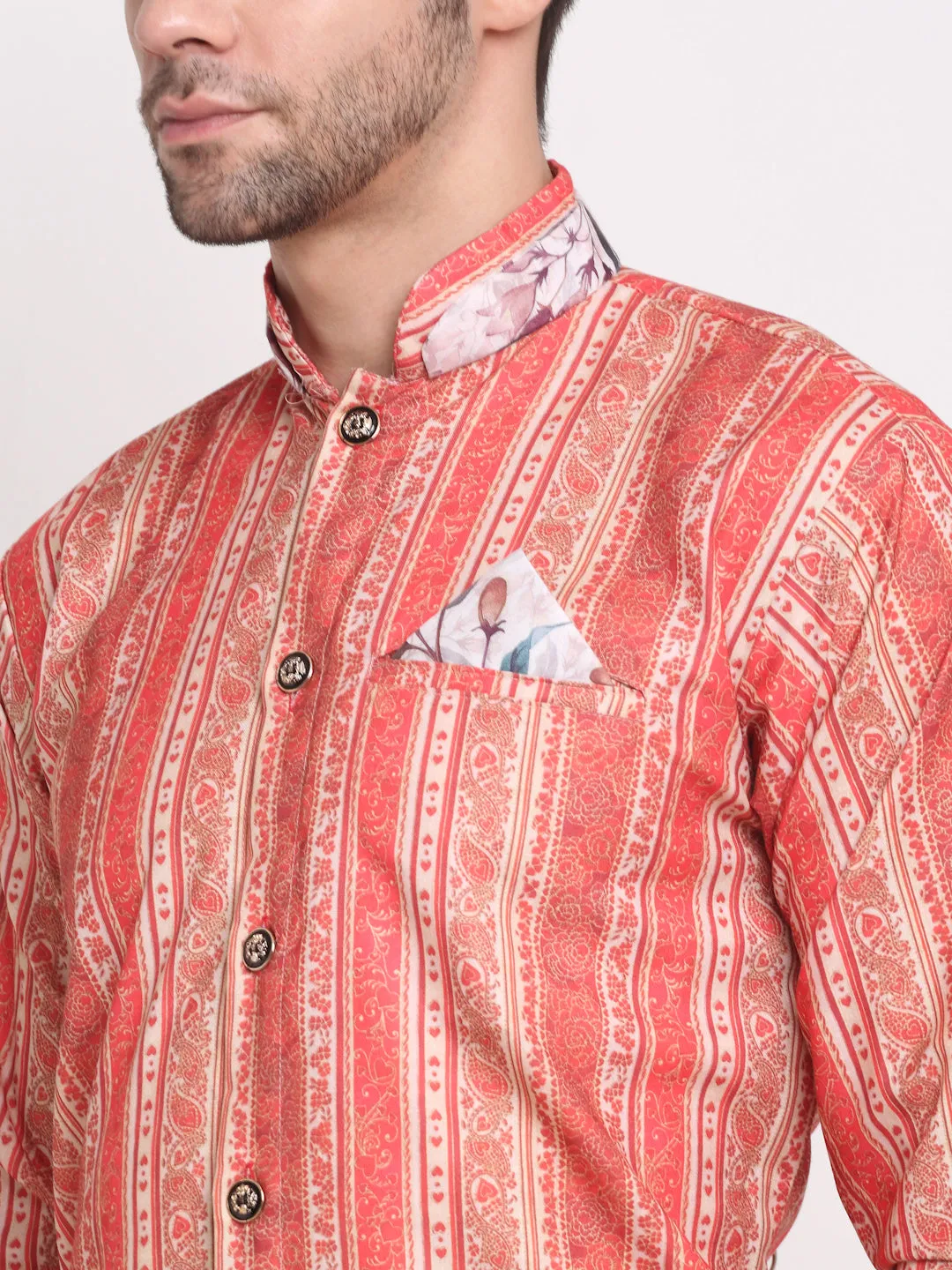 Men's Orange & Beige Printed Kurta With White Pyjamas Set - Benstoke