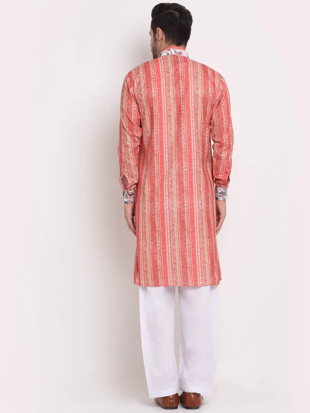 Men's Orange & Beige Printed Kurta With White Pyjamas Set - Benstoke