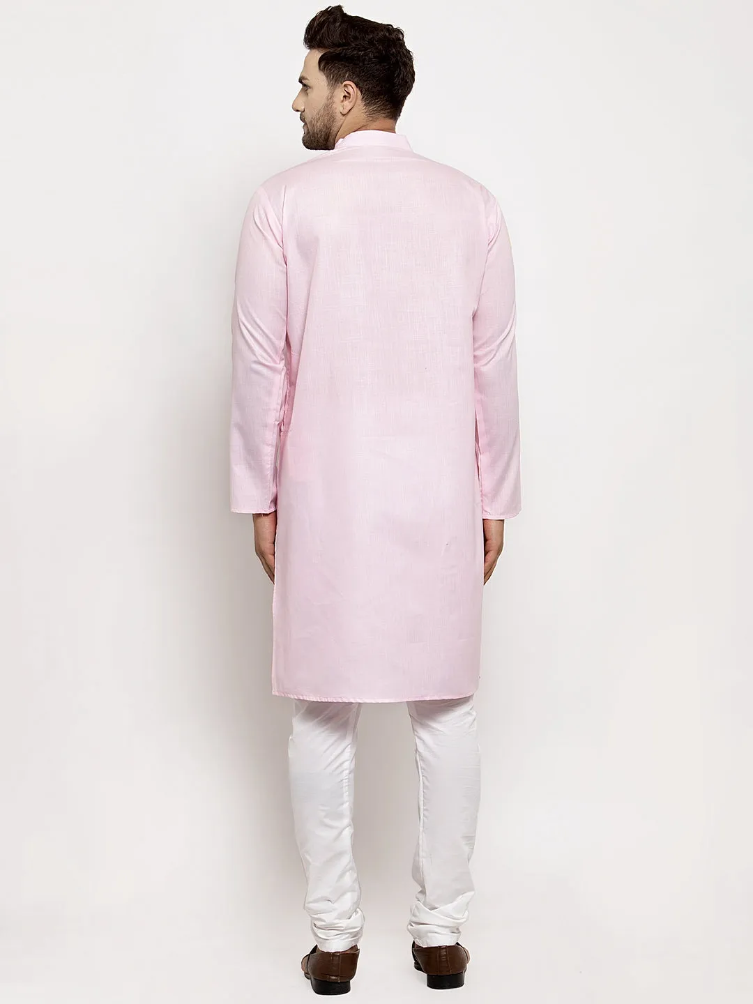 Men's Pink Solid Kurta With White Churidaar Pyjama - Benstoke