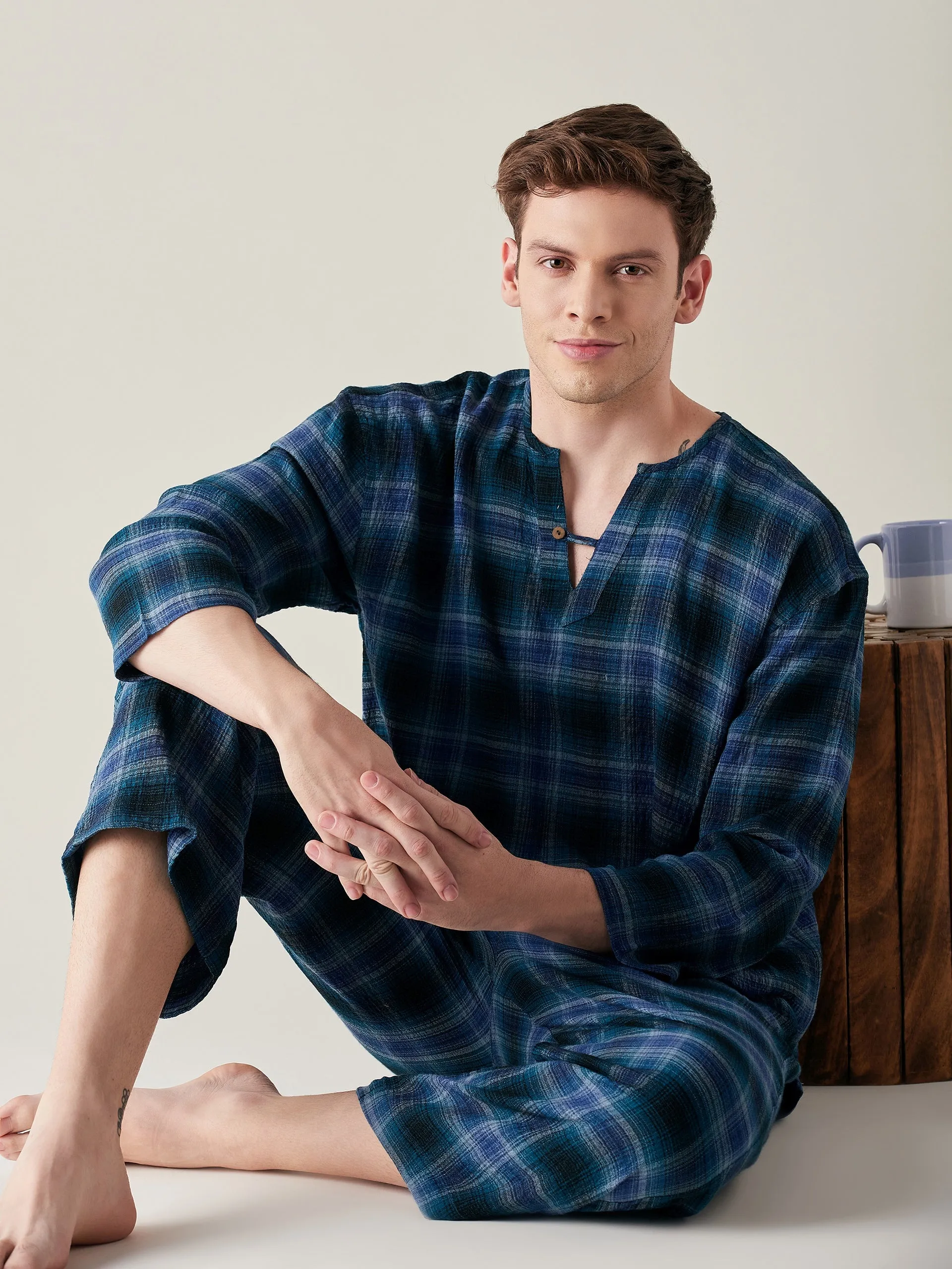 Mens Pure Cotton Supersoft Blue Plaid Pyjama Set