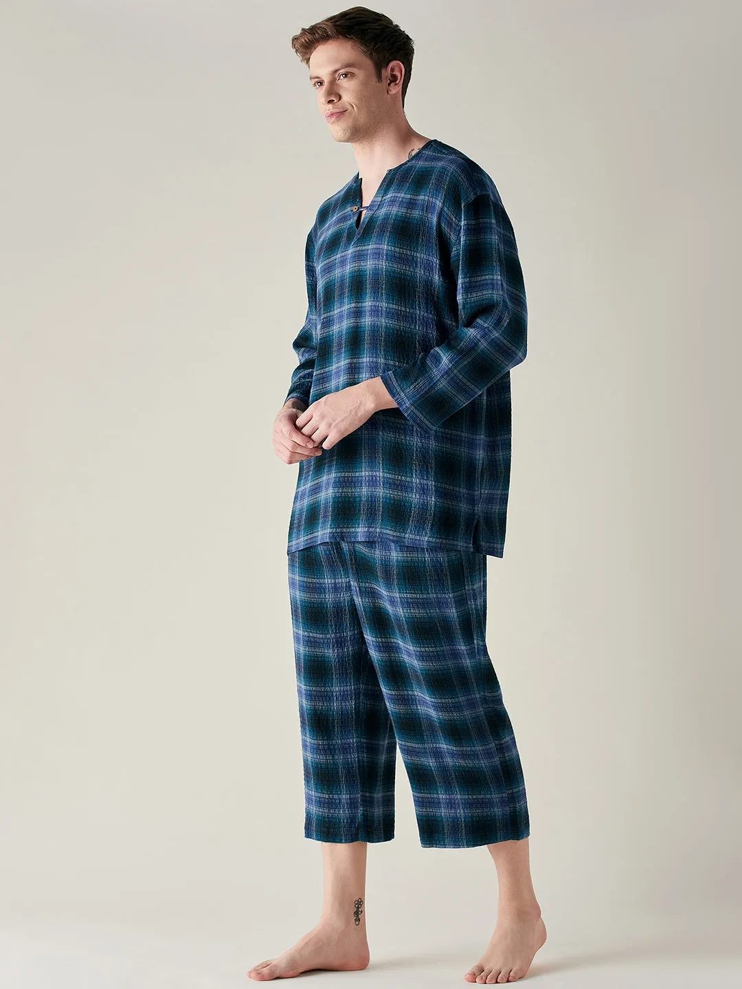 Mens Pure Cotton Supersoft Blue Plaid Pyjama Set