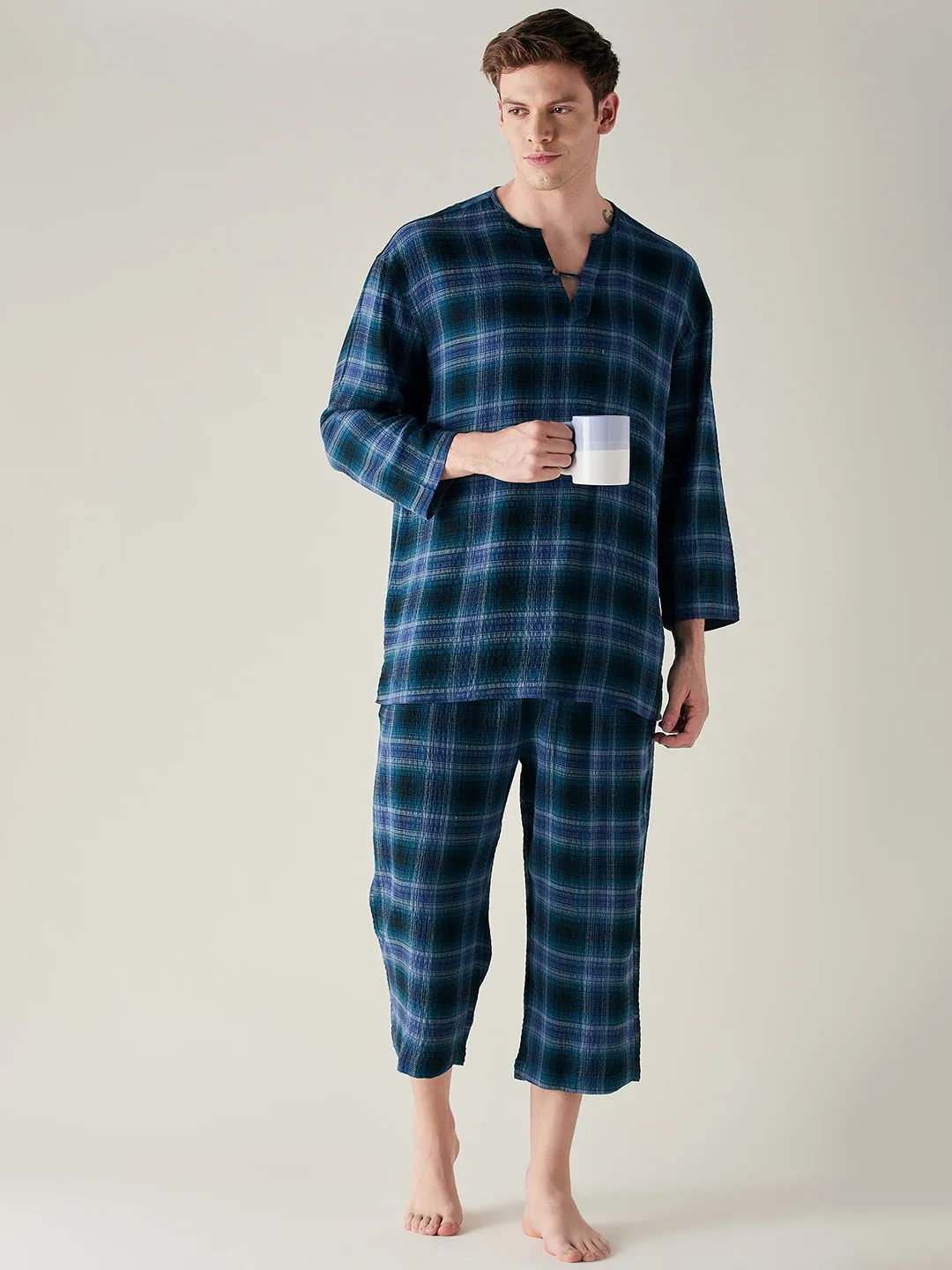 Mens Pure Cotton Supersoft Blue Plaid Pyjama Set