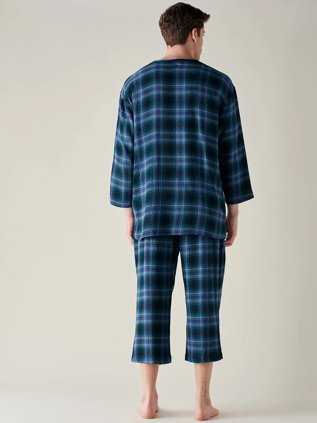 Mens Pure Cotton Supersoft Blue Plaid Pyjama Set