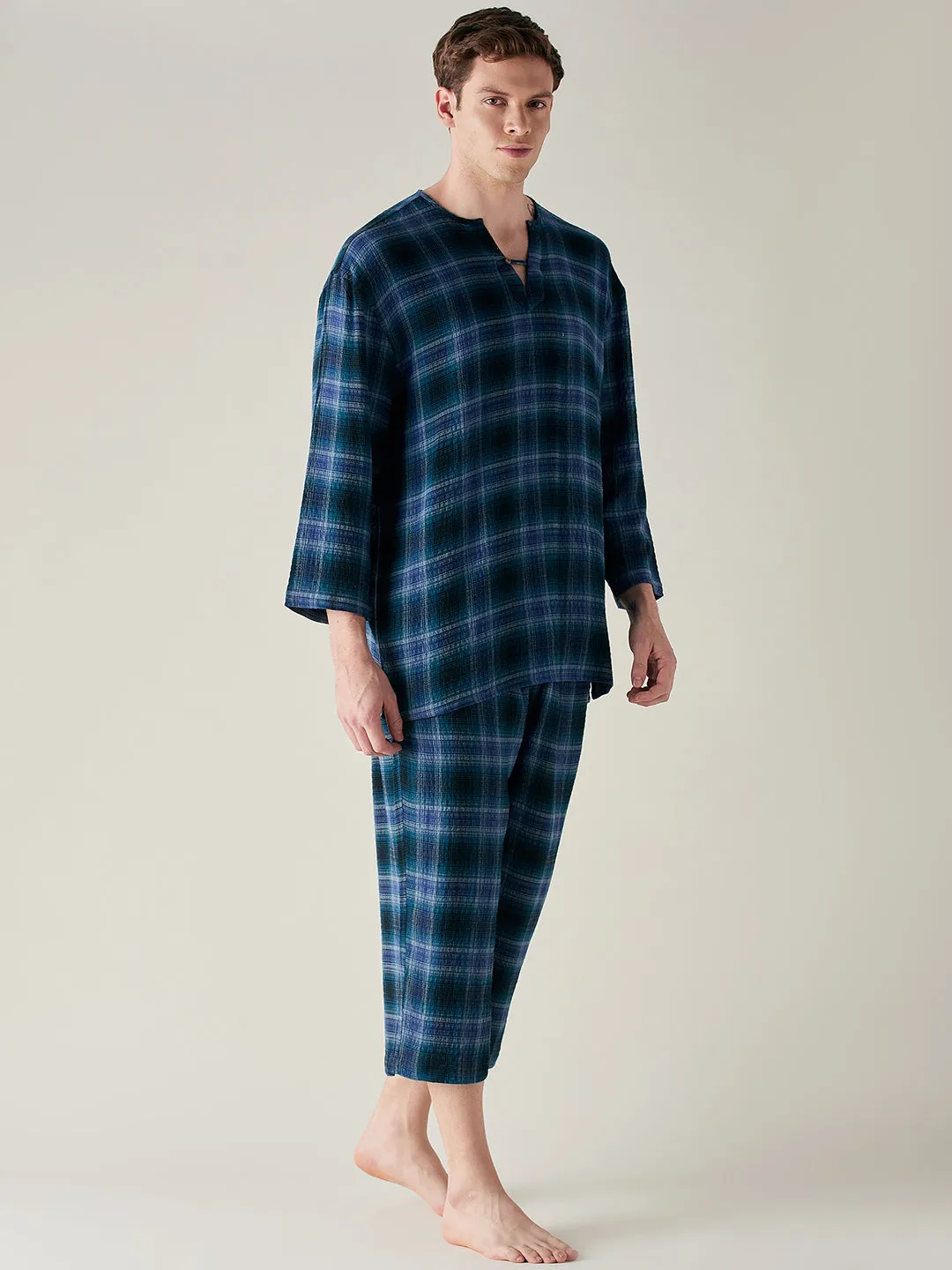 Mens Pure Cotton Supersoft Blue Plaid Pyjama Set