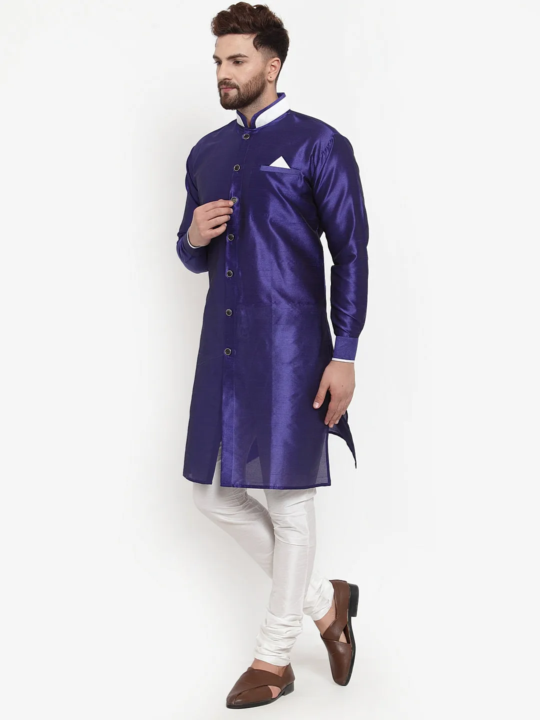 Men's Royal Blue Solid Kurta With White Churidaar Pyjama Set - Benstoke