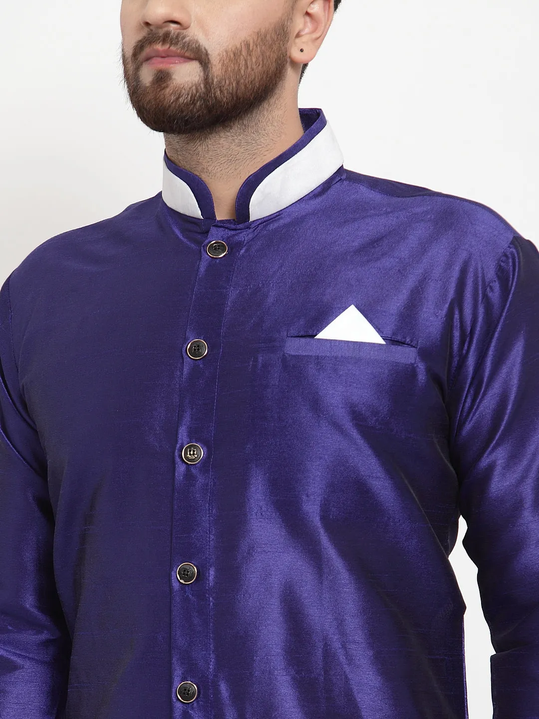 Men's Royal Blue Solid Kurta With White Churidaar Pyjama Set - Benstoke