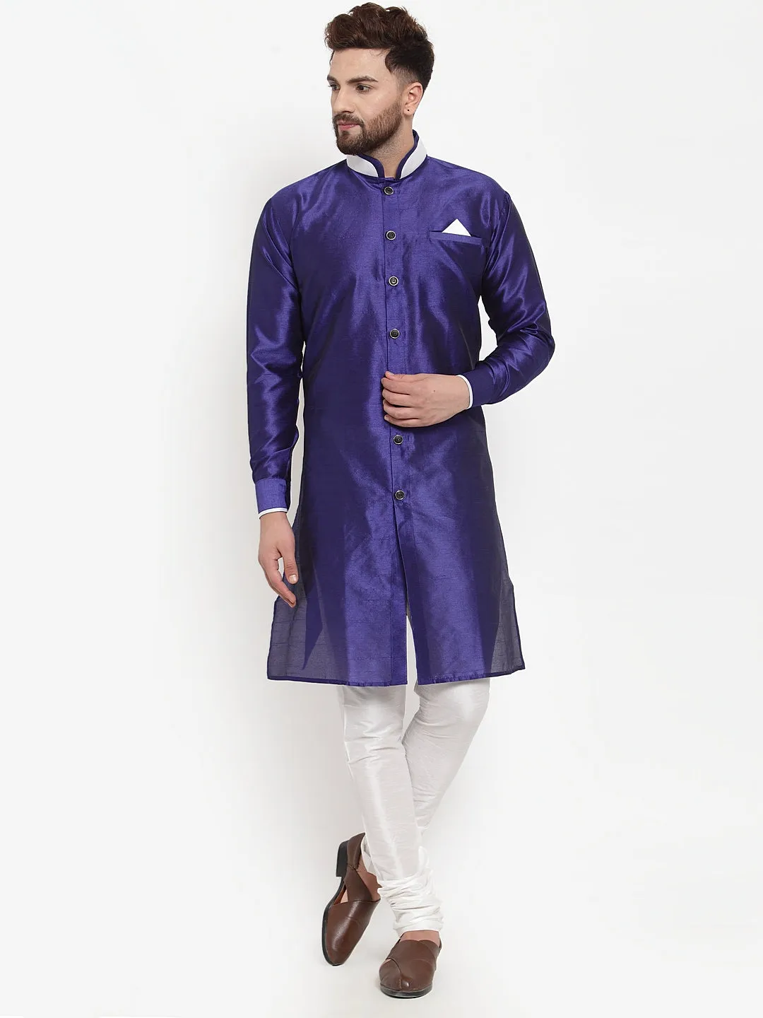 Men's Royal Blue Solid Kurta With White Churidaar Pyjama Set - Benstoke