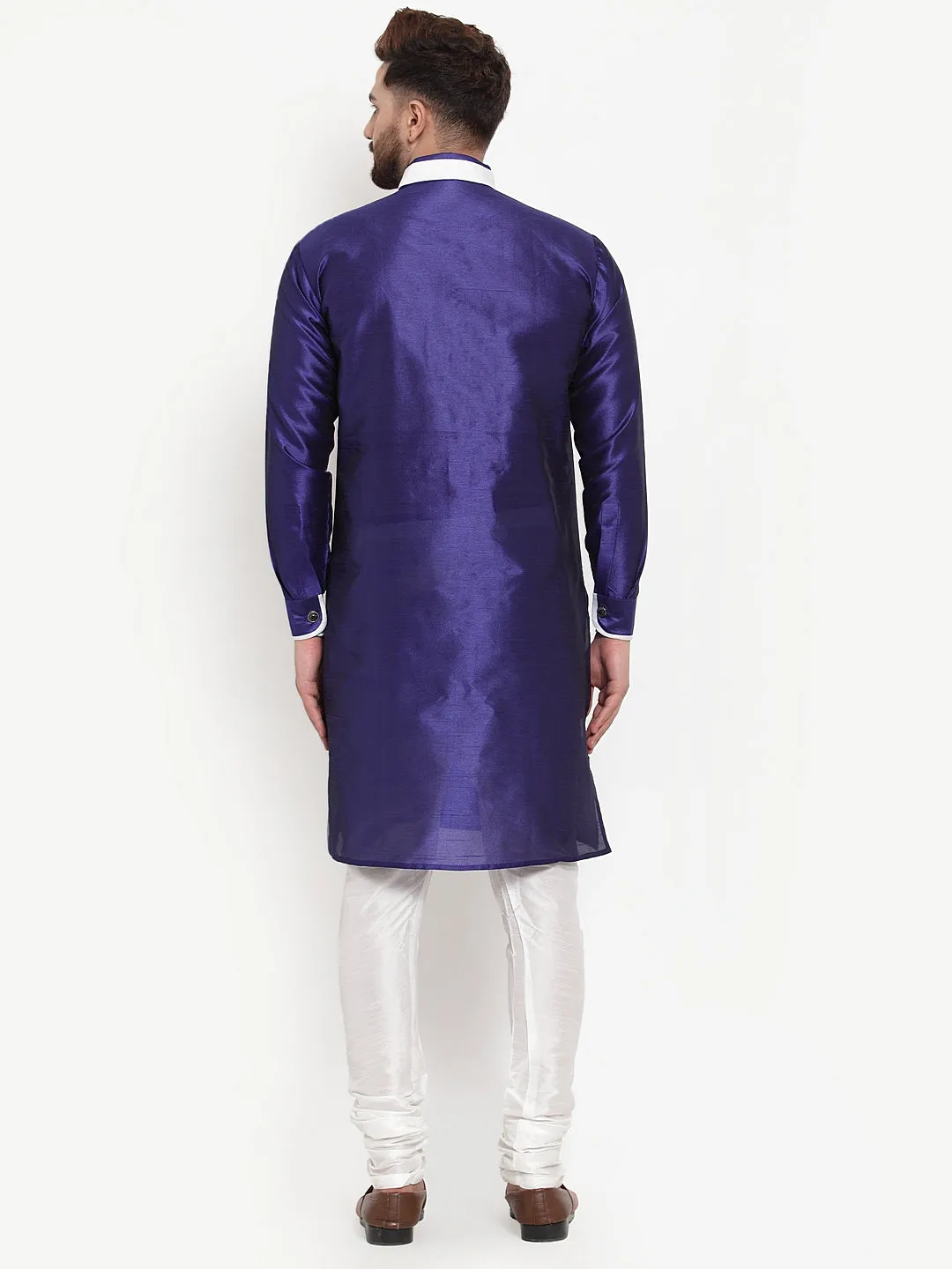 Men's Royal Blue Solid Kurta With White Churidaar Pyjama Set - Benstoke