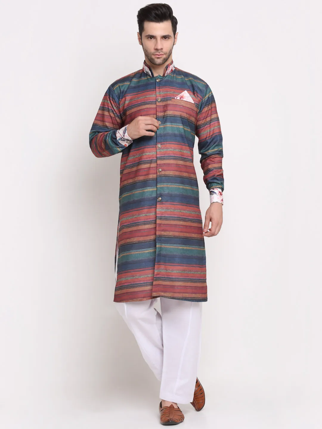 Men's Rust & Navy Blue Printed Kurta With White Pyjamas Set - Benstoke