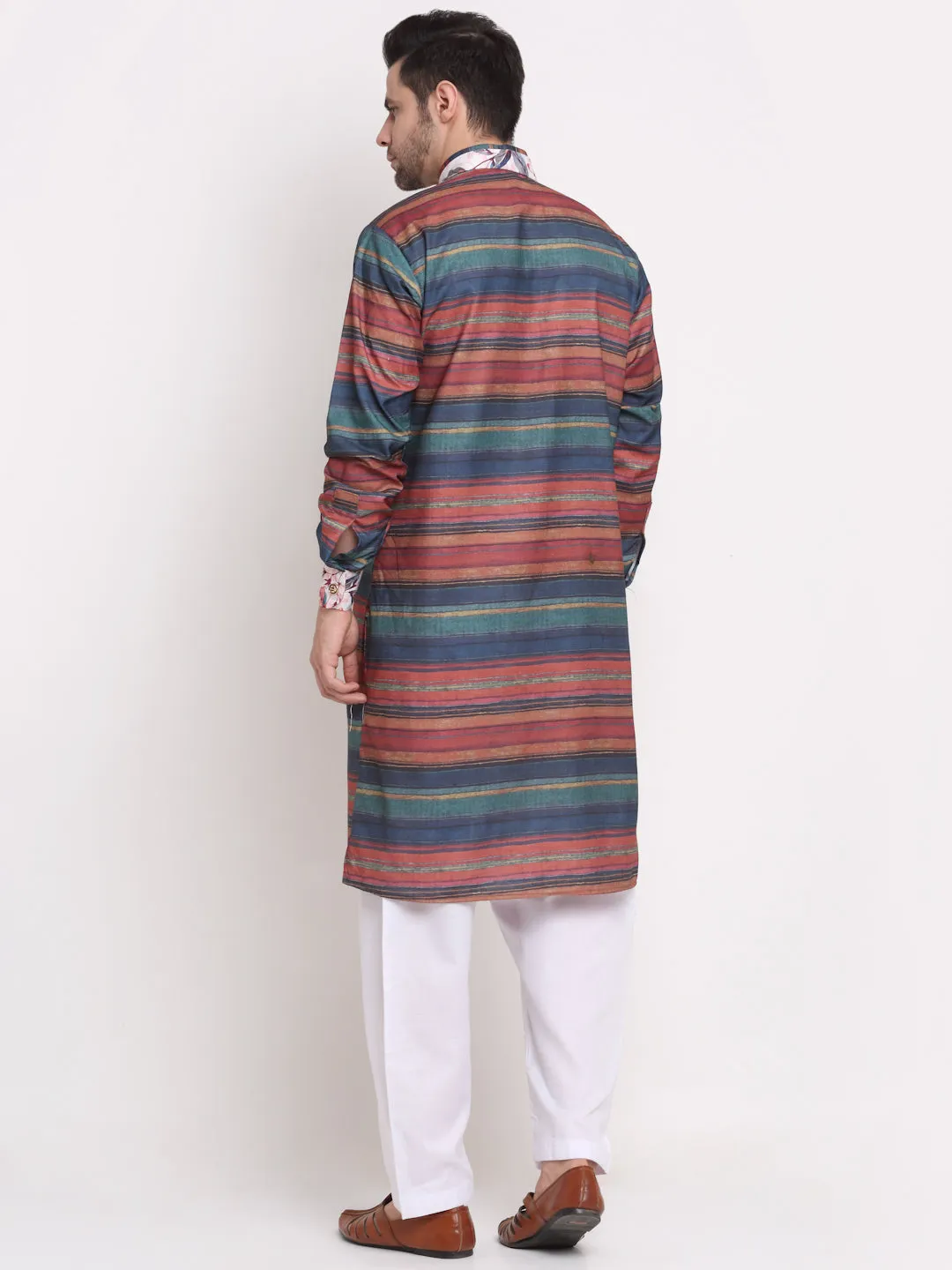 Men's Rust & Navy Blue Printed Kurta With White Pyjamas Set - Benstoke