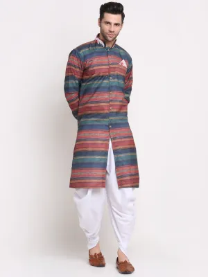 Men's Rust & Navy Striped Kurta With White Dhoti Pant - Benstoke