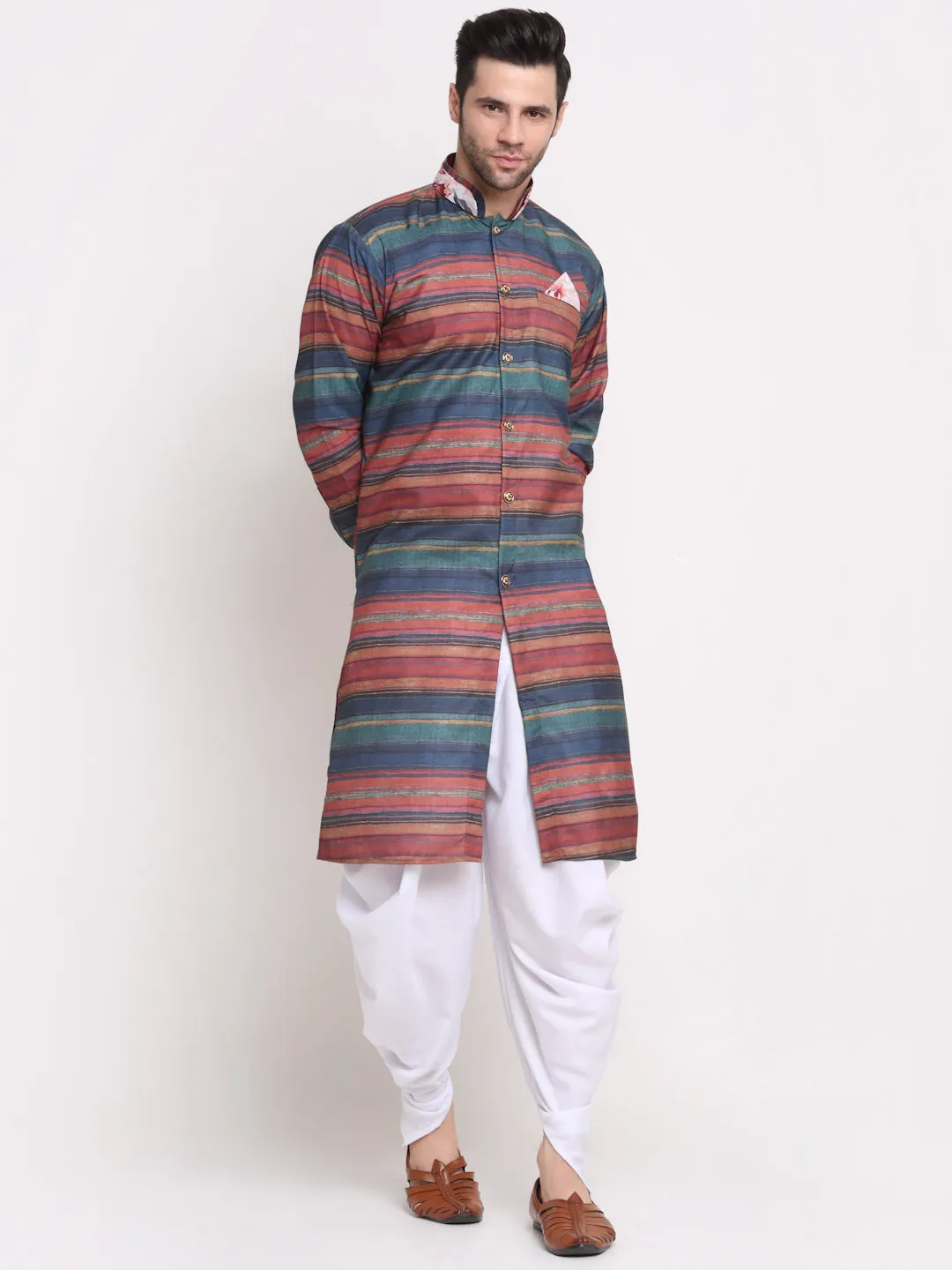 Men's Rust & Navy Striped Kurta With White Dhoti Pant - Benstoke