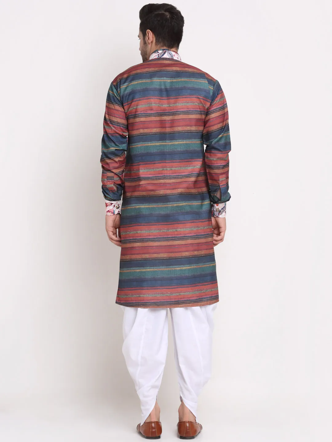 Men's Rust & Navy Striped Kurta With White Dhoti Pant - Benstoke