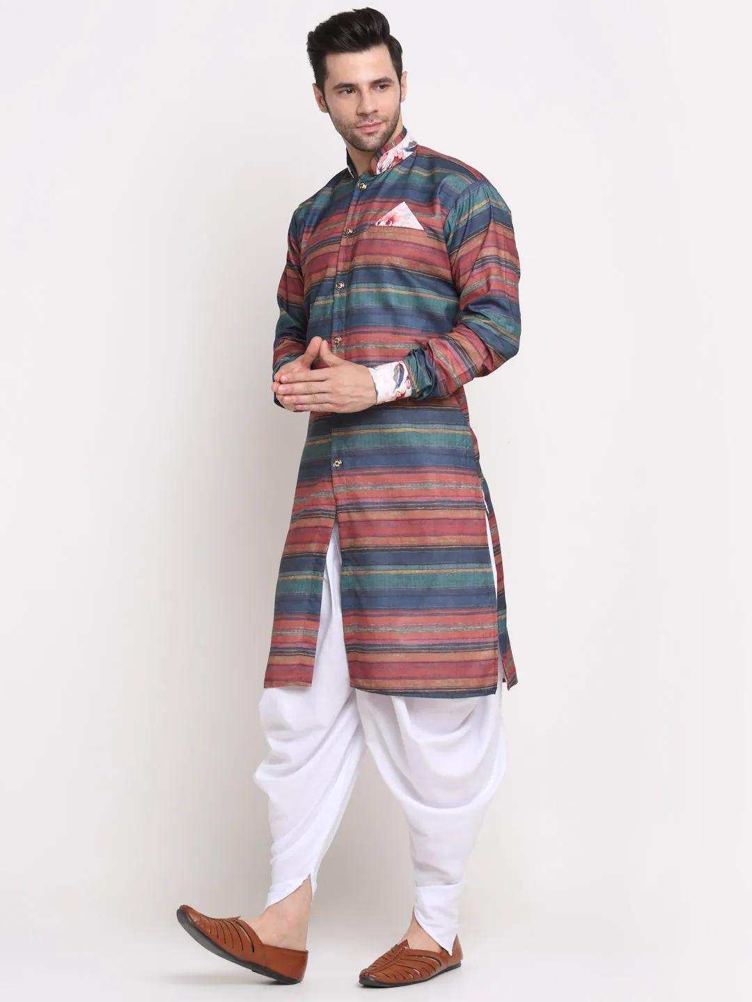 Men's Rust & Navy Striped Kurta With White Dhoti Pant - Benstoke