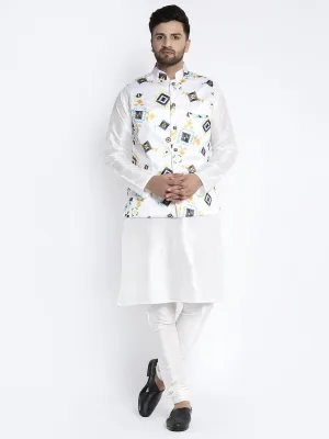 Men's Silk Blend White Kurta With Pyjama & White Printed Nehru Jacket - Benstoke