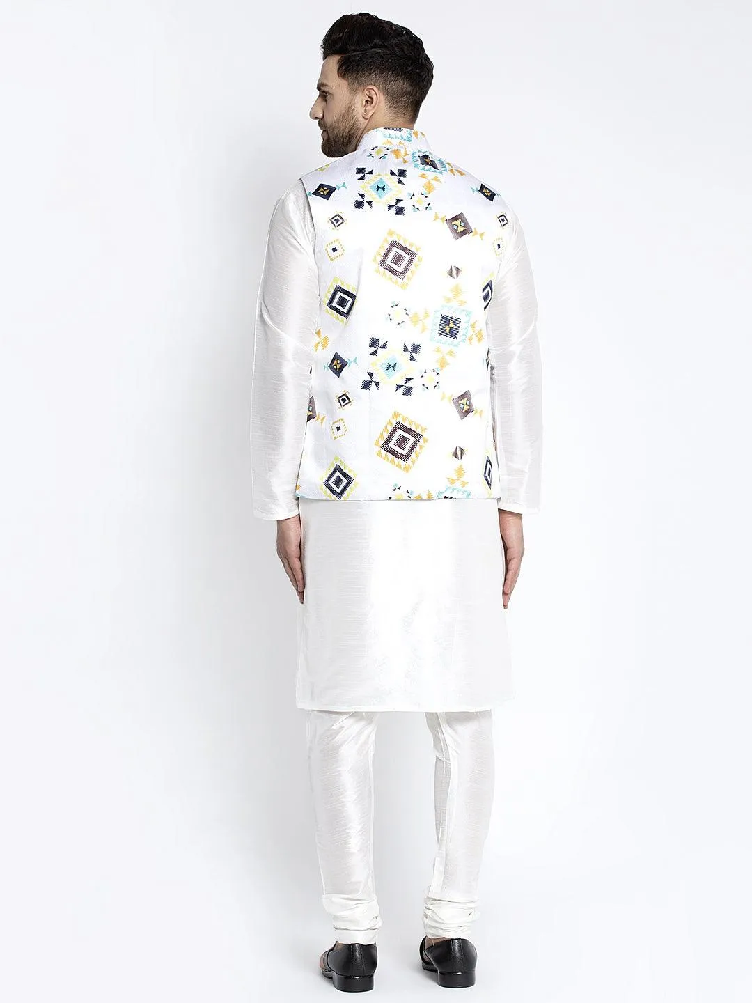 Men's Silk Blend White Kurta With Pyjama & White Printed Nehru Jacket - Benstoke