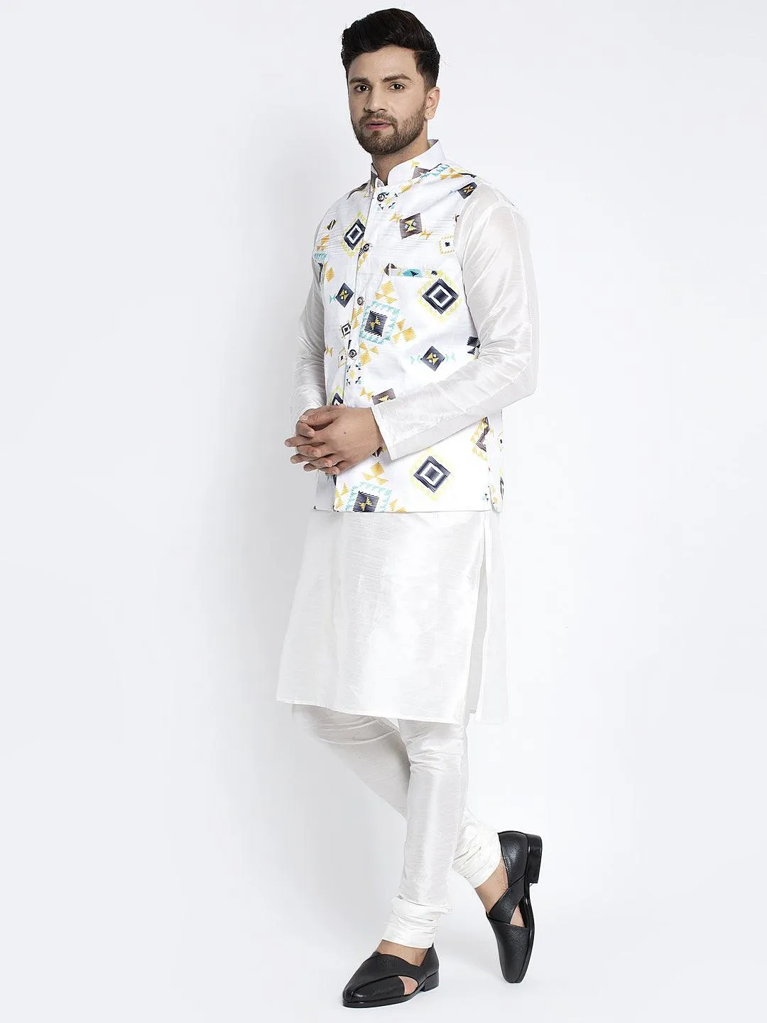 Men's Silk Blend White Kurta With Pyjama & White Printed Nehru Jacket - Benstoke