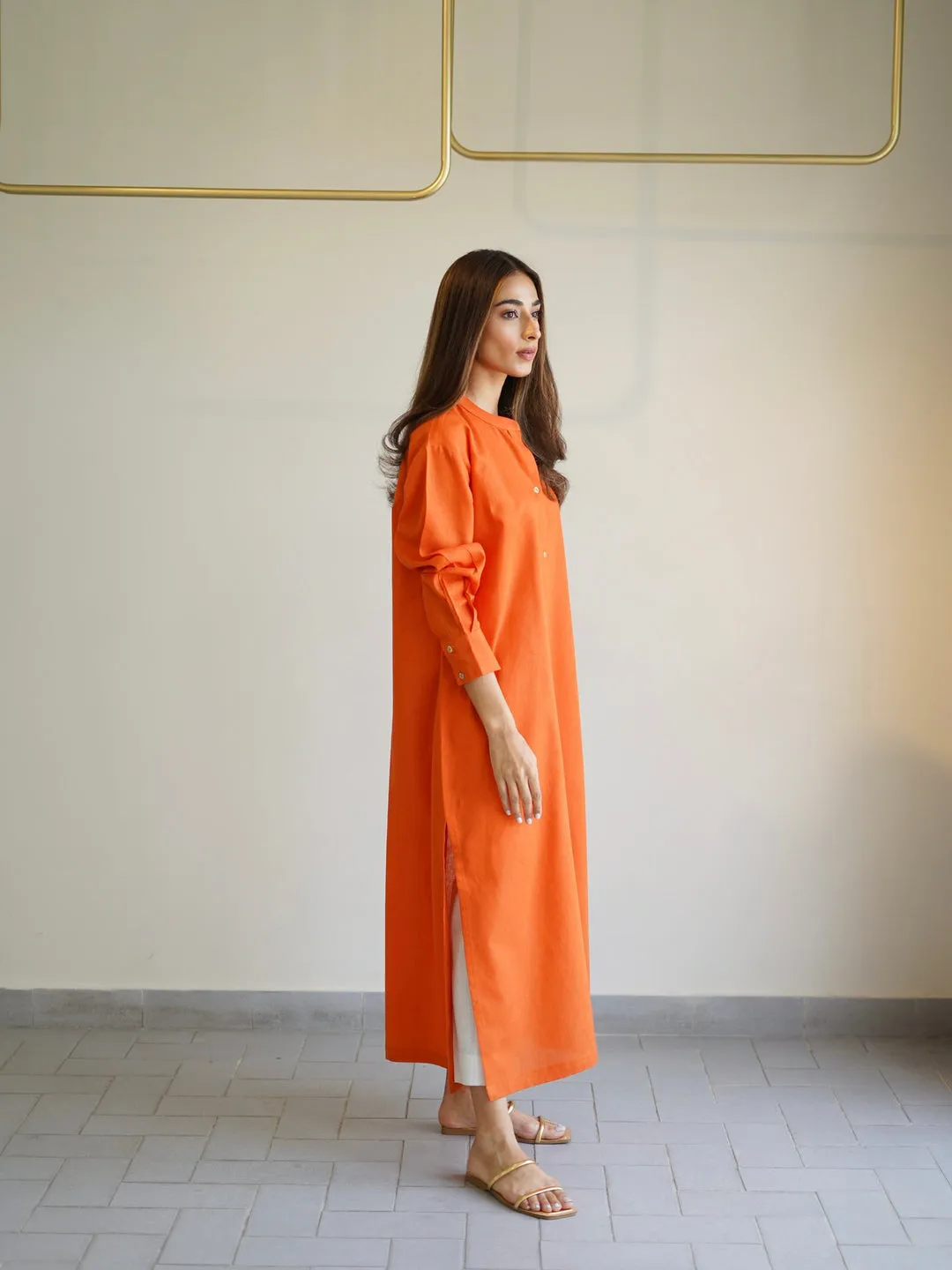 Oversized Linen Shirt Dress In Orange