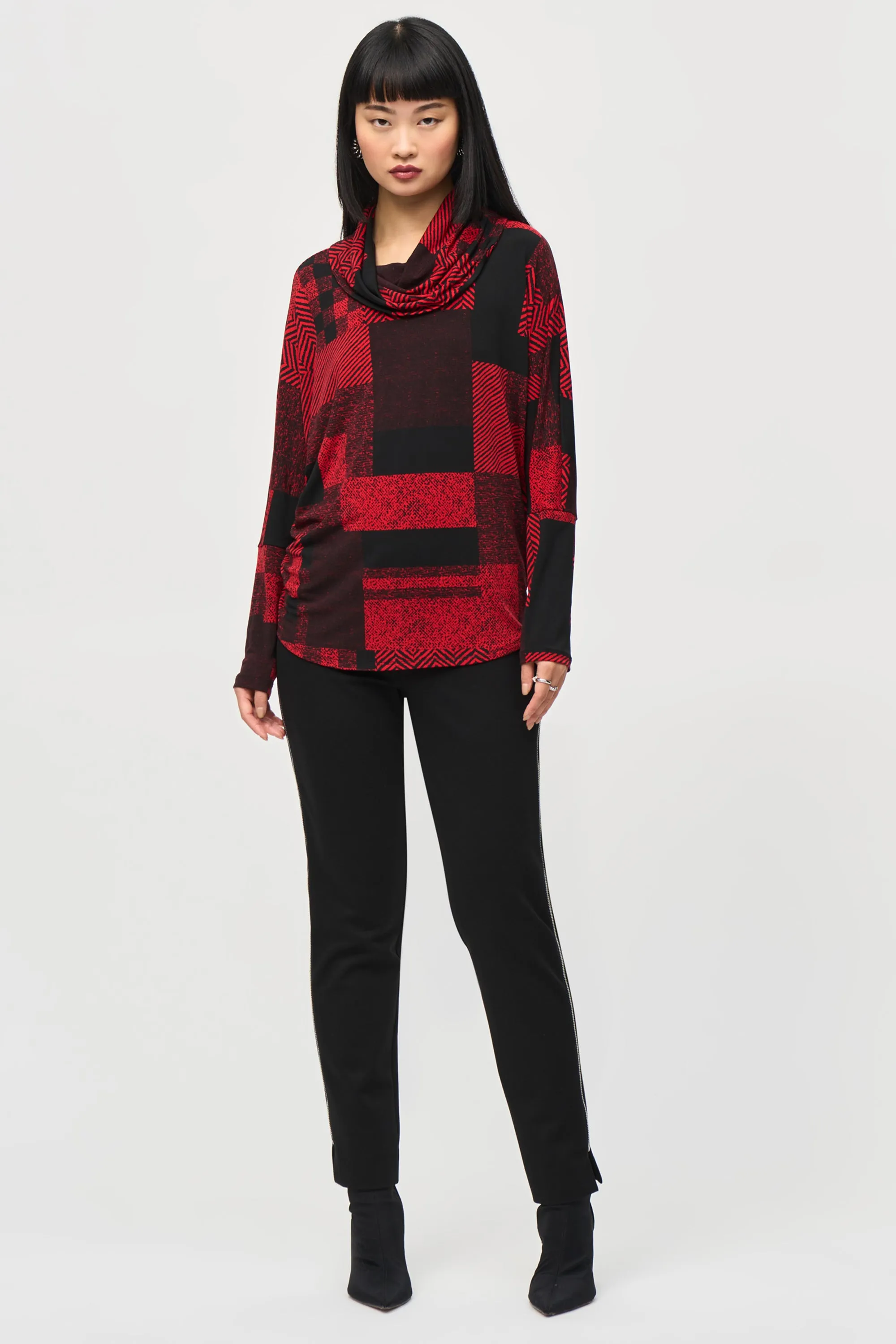 PATCHWORK CHECKS COWL NECK TOP