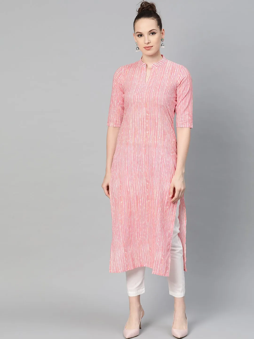 Pink & Off white Striped Printed Kurta with Solid White Pants