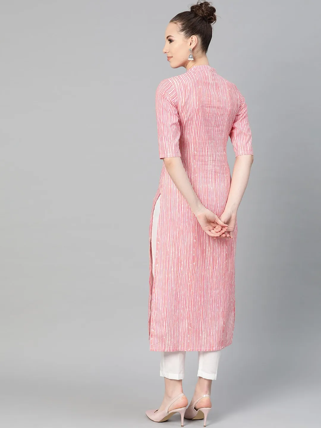 Pink & Off white Striped Printed Kurta with Solid White Pants