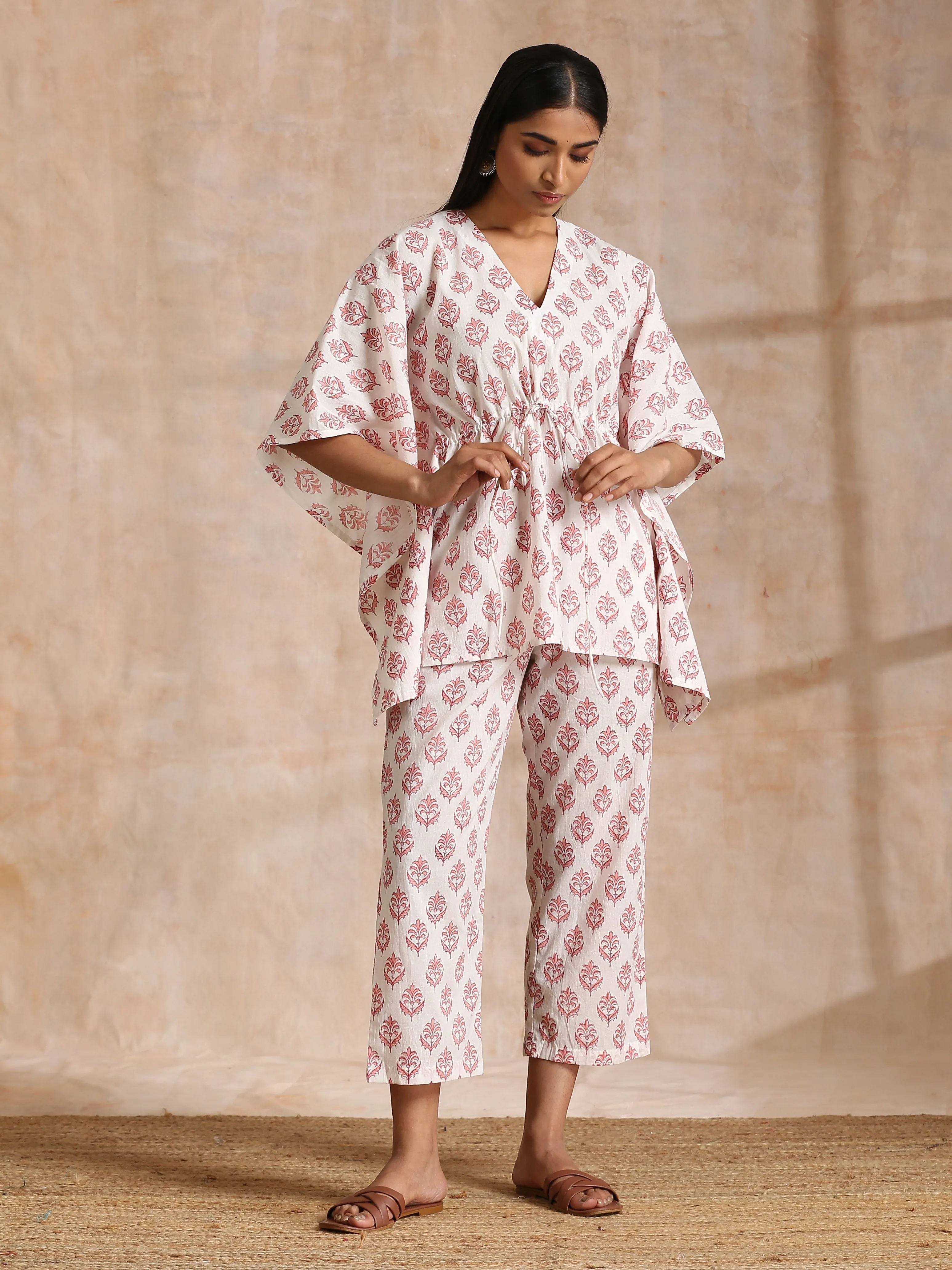 Pink Buta On White Block Print Cotton Kaftan Co-Ord Set