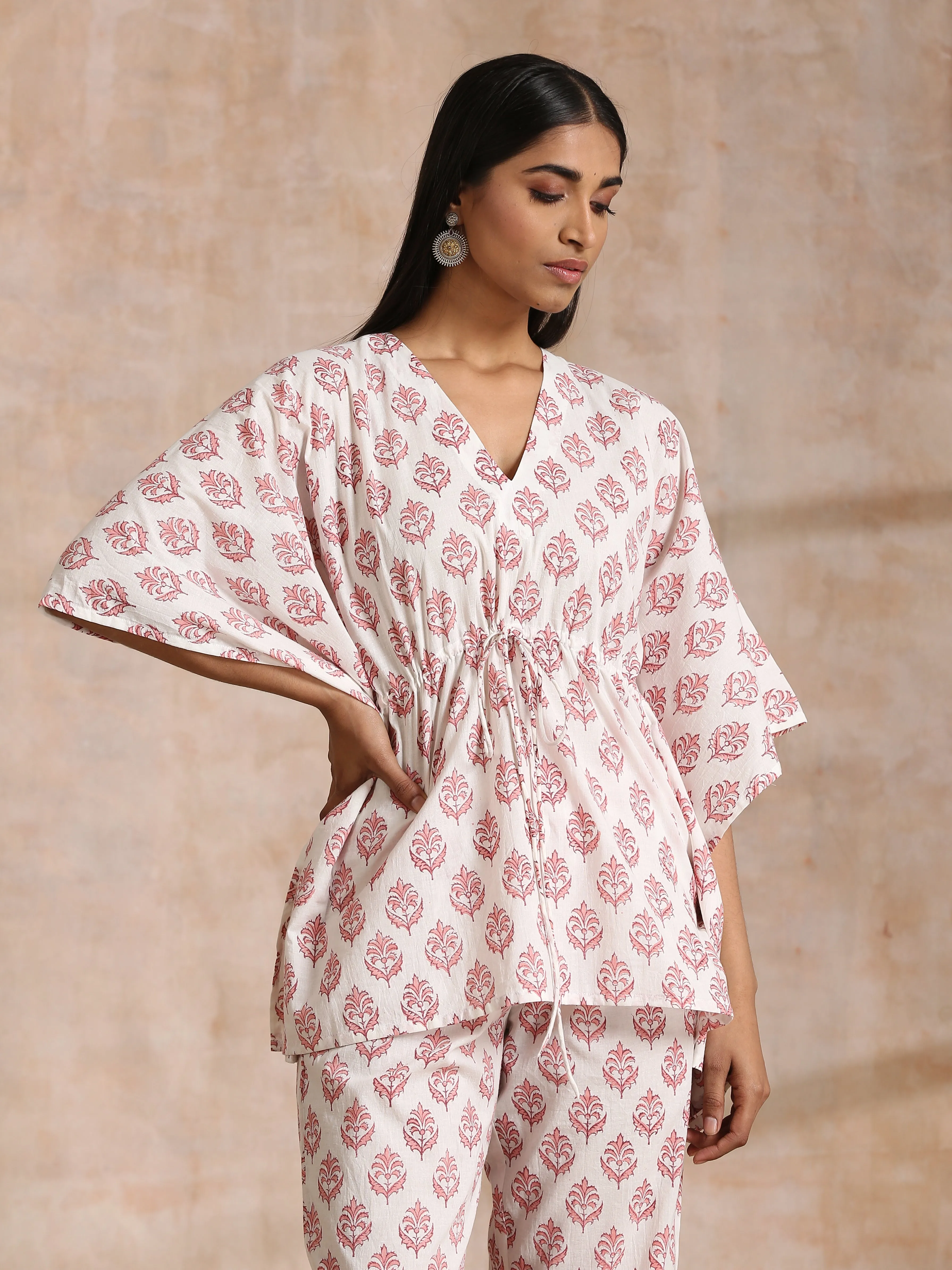 Pink Buta On White Block Print Cotton Kaftan Co-Ord Set