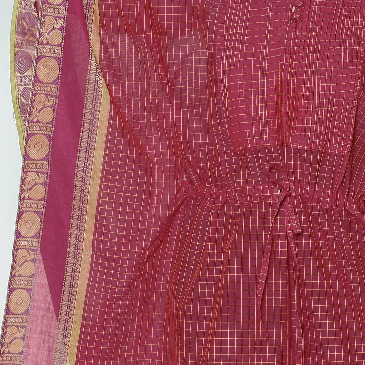 Pink - Kanchipuram Checks Cotton Kaftan with Tie-Up Waist (Medium)