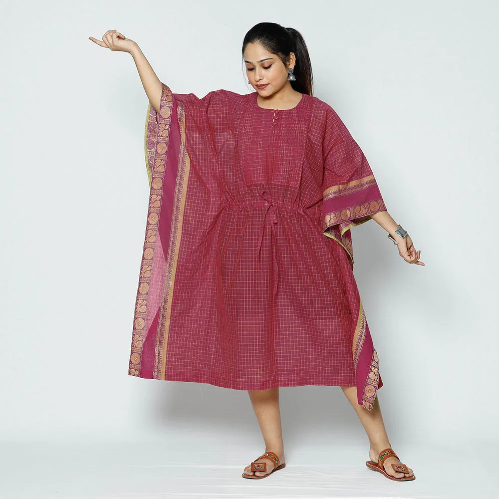 Pink - Kanchipuram Checks Cotton Kaftan with Tie-Up Waist (Medium)