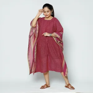 Pink - Kanchipuram Checks Cotton Kaftan with Tie-Up Waist (Medium)